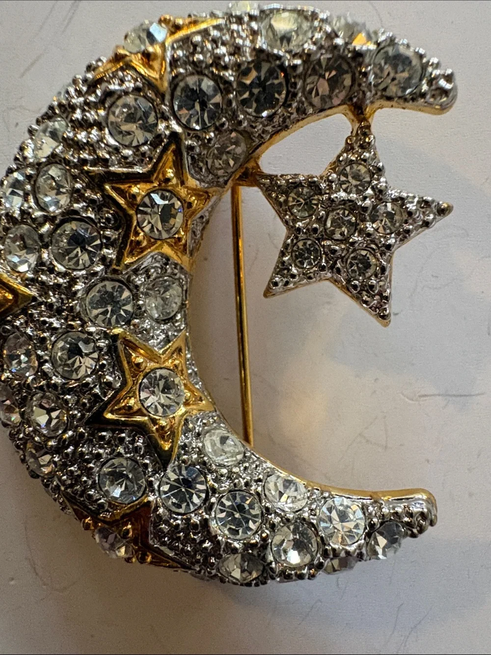 Gold and Silver Crescent Moon & Star Crystal Brooch
